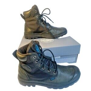 Palladium Leather Fabric Black Blue High Top Worker Hiking Boots -Size W6.5 / M5